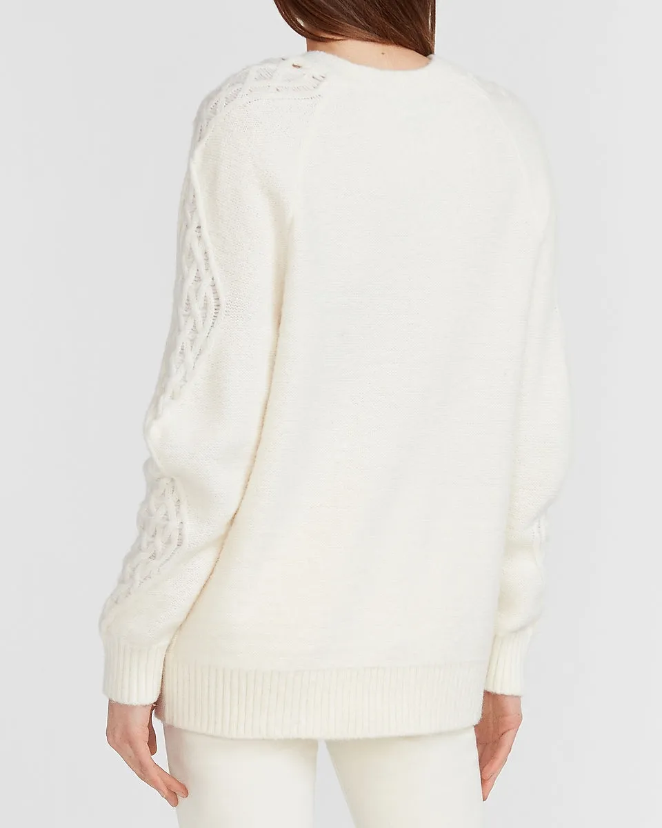 Cable Knit Open Stitch Crew Neck Sweater in Swan