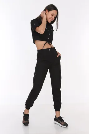 CROP TIE UP TOP & UTILITY TROUSERS BLACK MATCHING SET