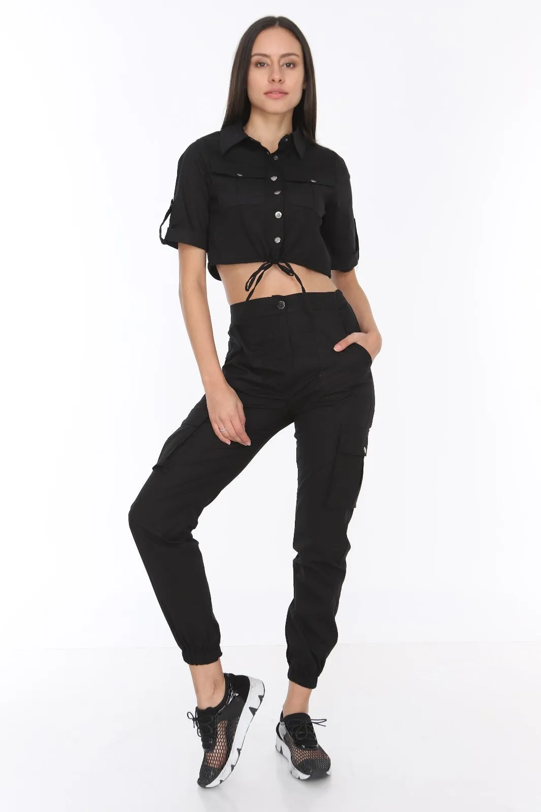 CROP TIE UP TOP & UTILITY TROUSERS BLACK MATCHING SET