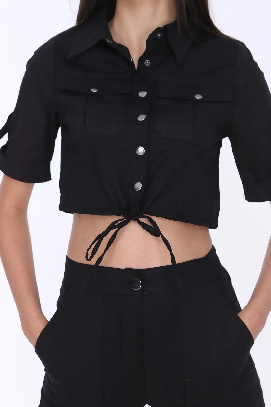CROP TIE UP TOP & UTILITY TROUSERS BLACK MATCHING SET