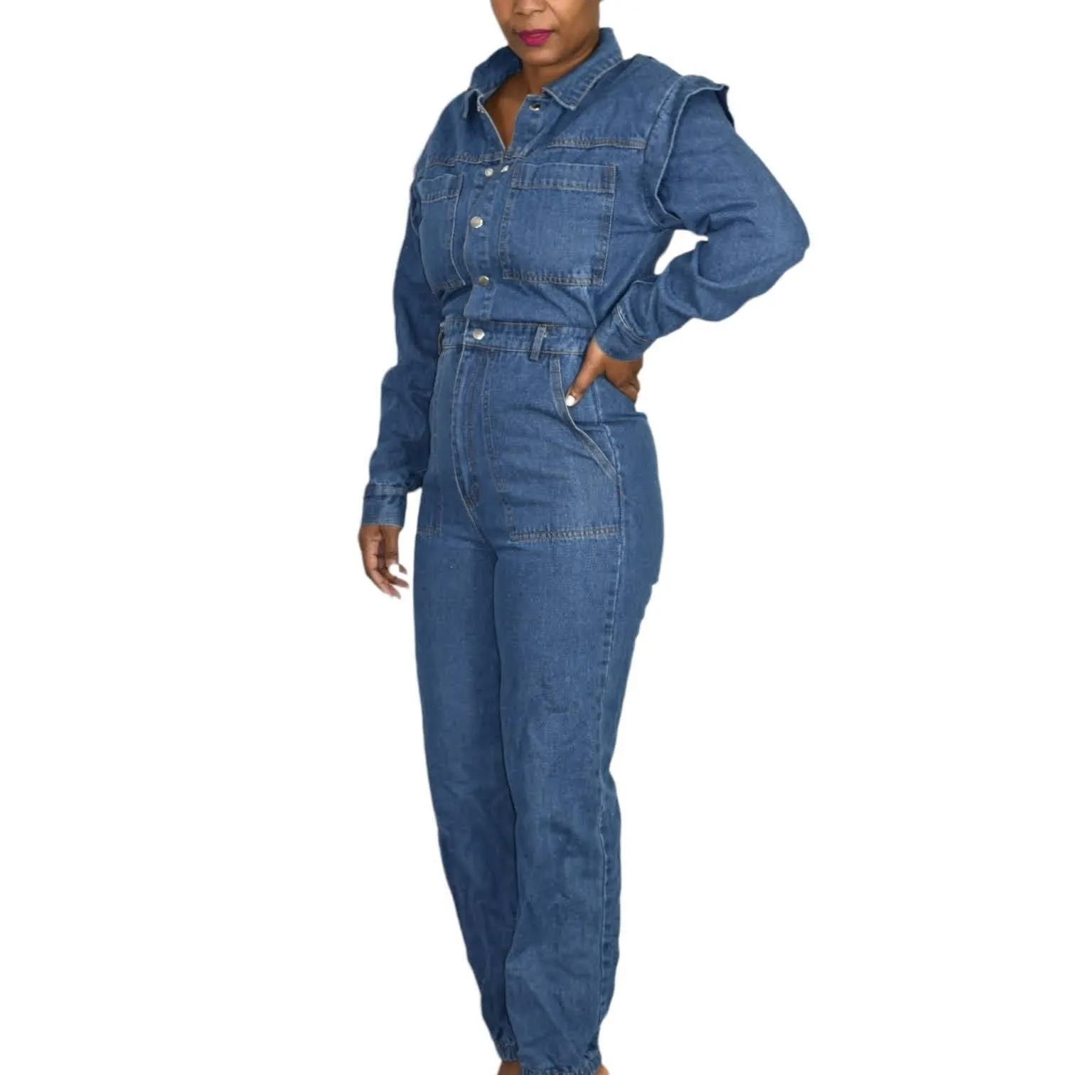 Fashion Nova Denim Utility Jumpsuit Day to Night Joggers Blue Jeans Size Small