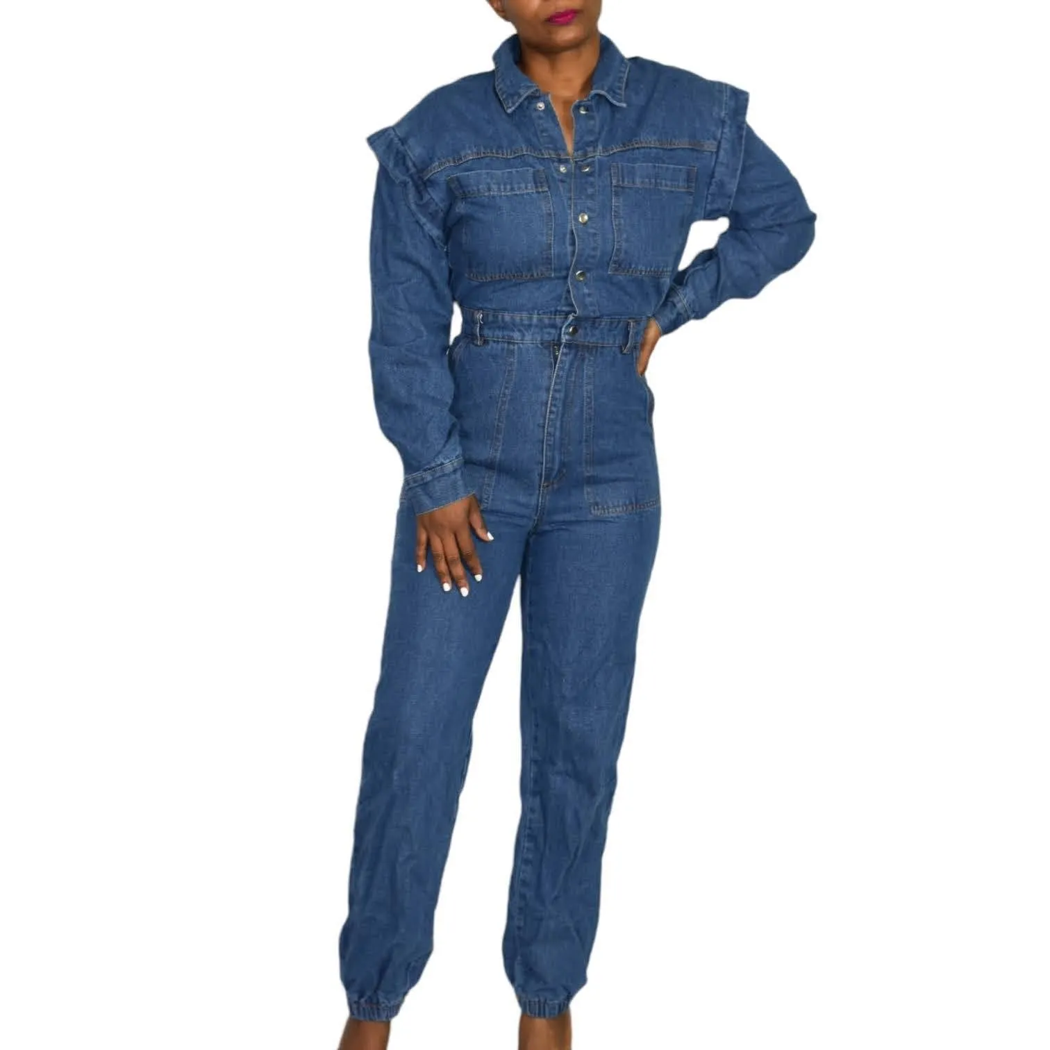 Fashion Nova Denim Utility Jumpsuit Day to Night Joggers Blue Jeans Size Small
