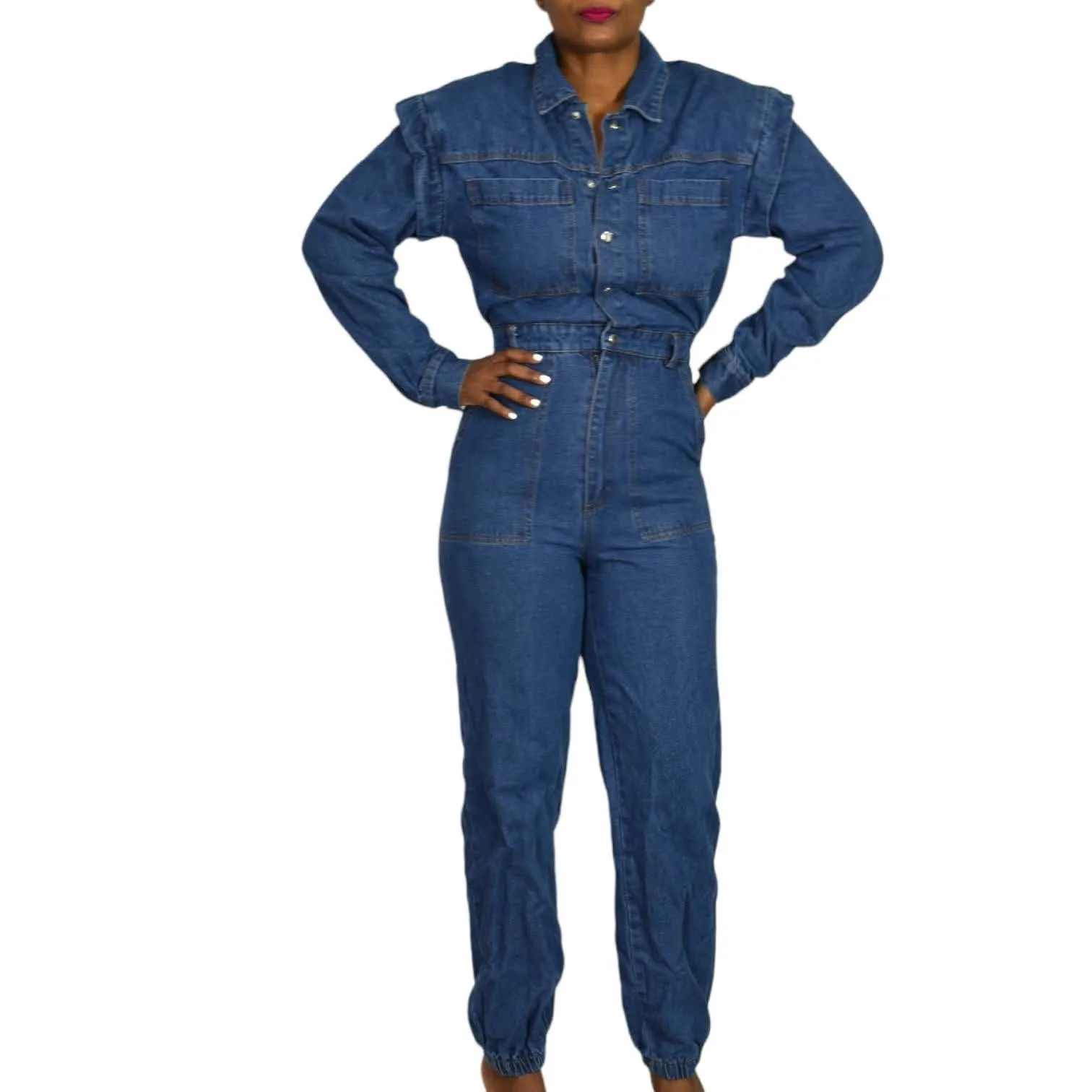 Fashion Nova Denim Utility Jumpsuit Day to Night Joggers Blue Jeans Size Small