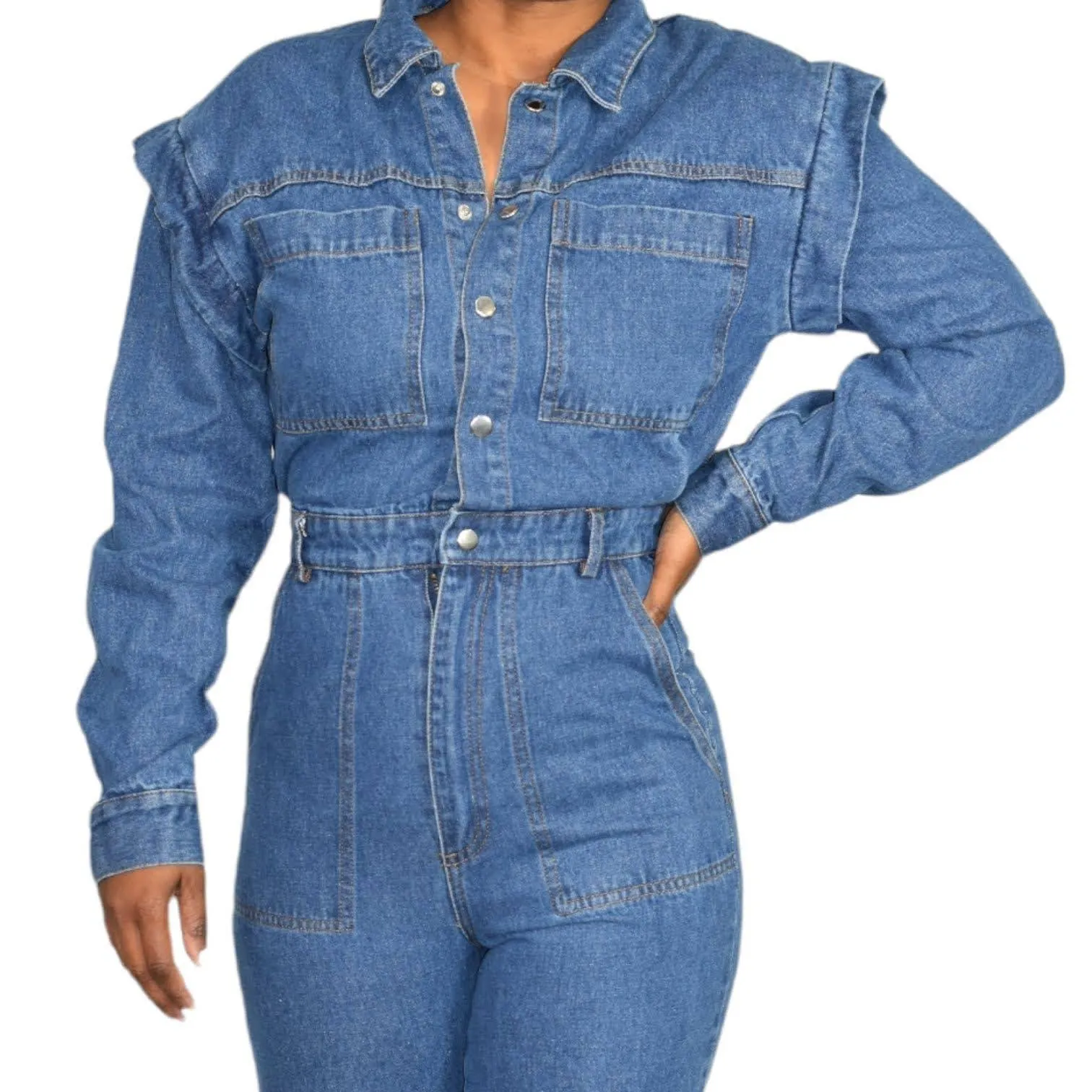 Fashion Nova Denim Utility Jumpsuit Day to Night Joggers Blue Jeans Size Small