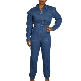 Fashion Nova Denim Utility Jumpsuit Day to Night Joggers Blue Jeans Size Small