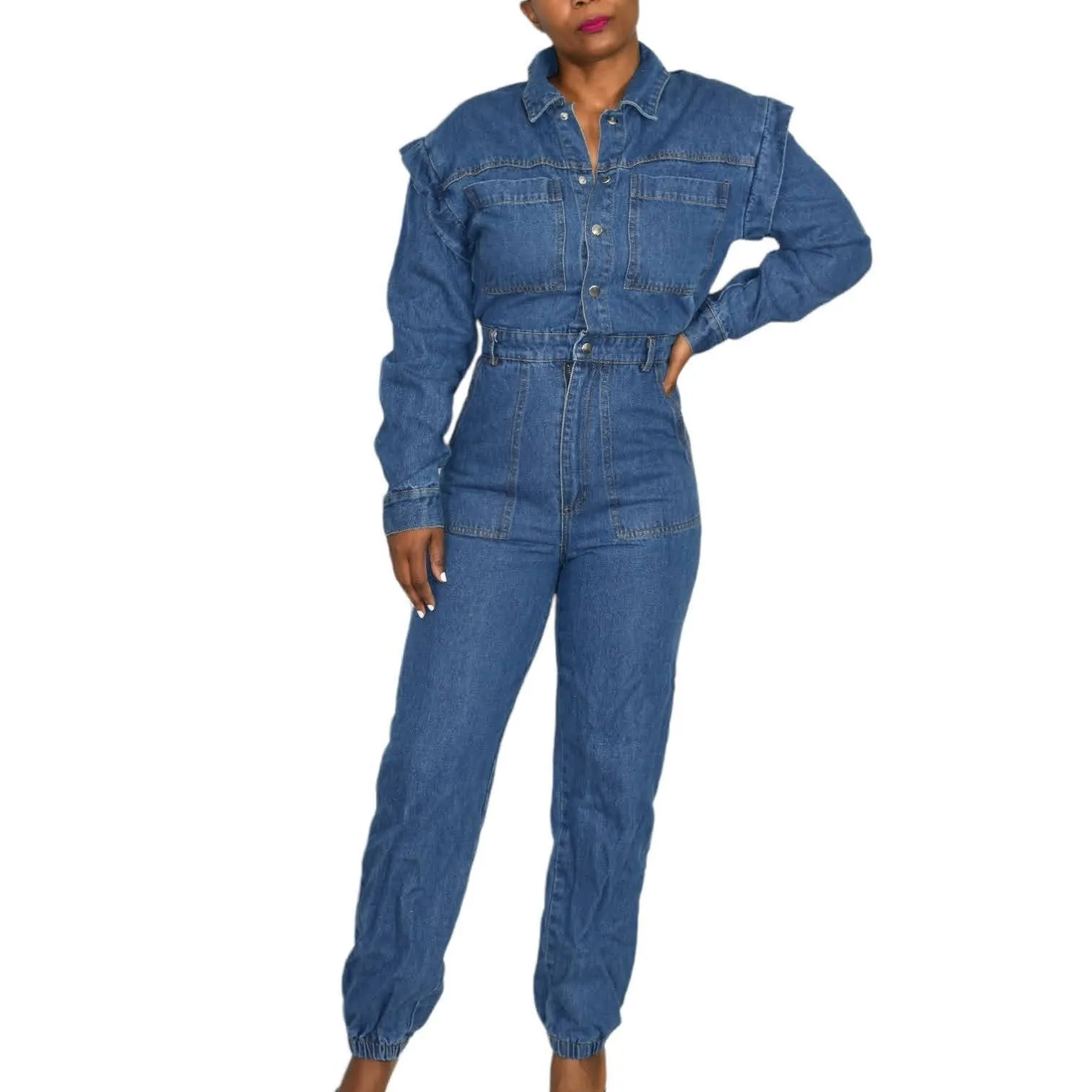 Fashion Nova Denim Utility Jumpsuit Day to Night Joggers Blue Jeans Size Small