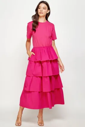 Fuchsia Knit Dress with Poplin Tiered Skirt