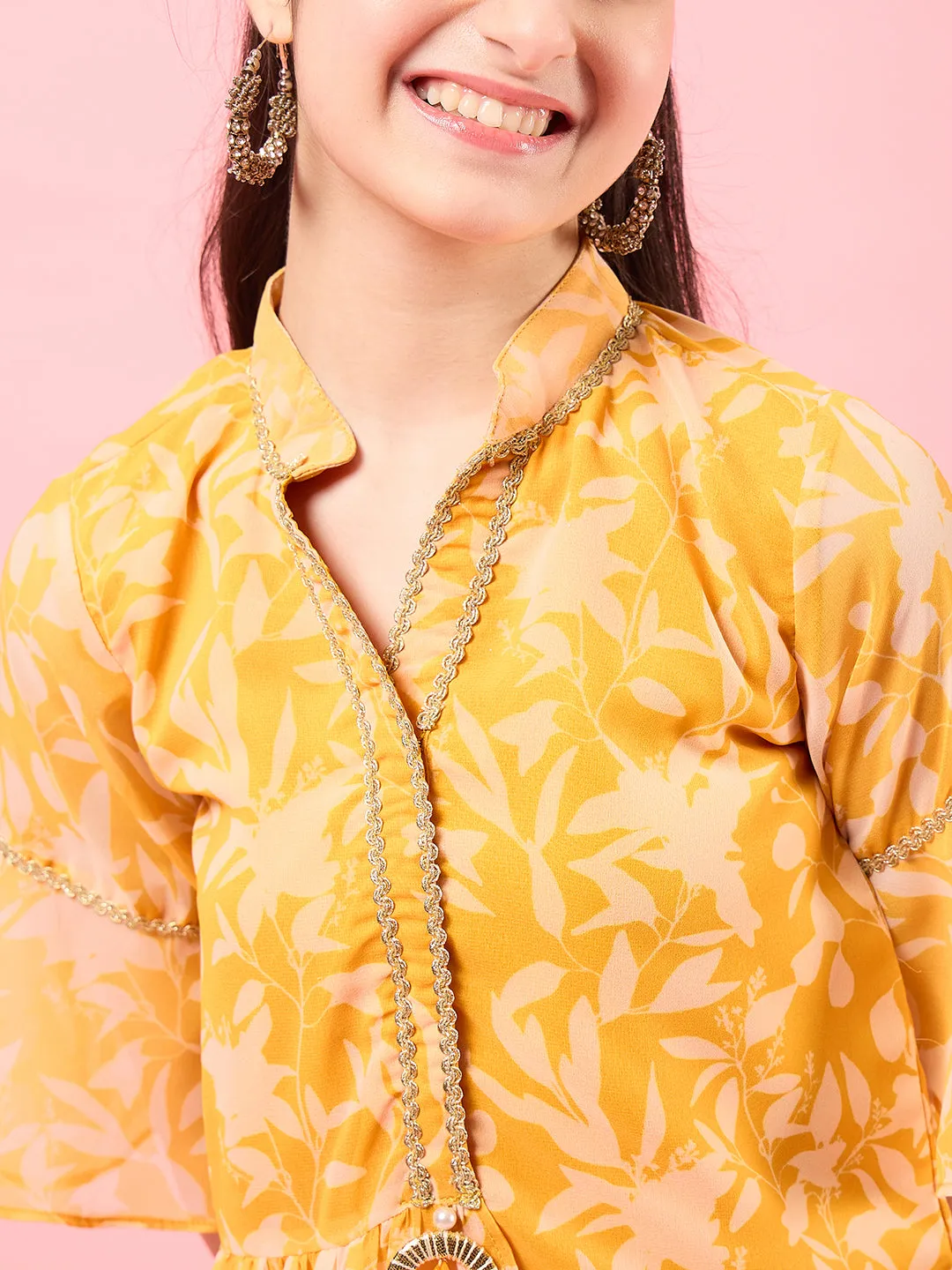 Girls Printed Tunic with Palazzos (IW-YELLOWWHITE)