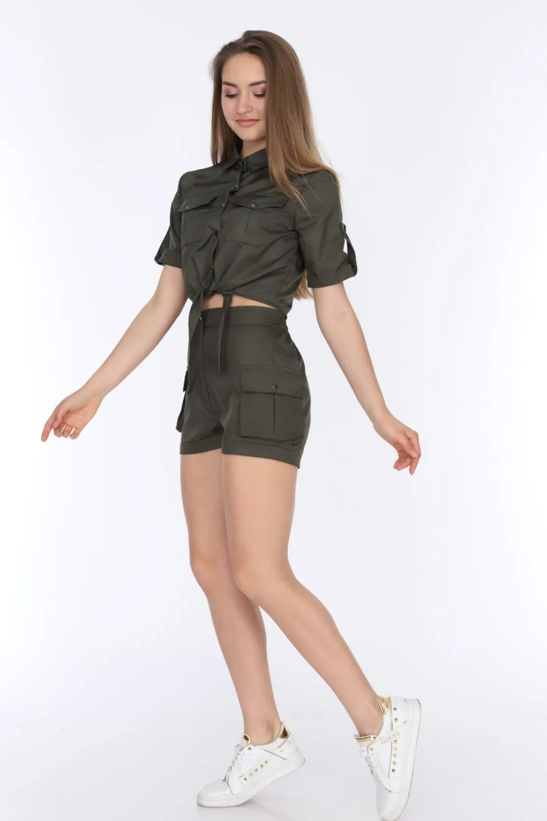 Khaki Matching Set Short Sleeve Tie Up Crop Top with Combat Shorts