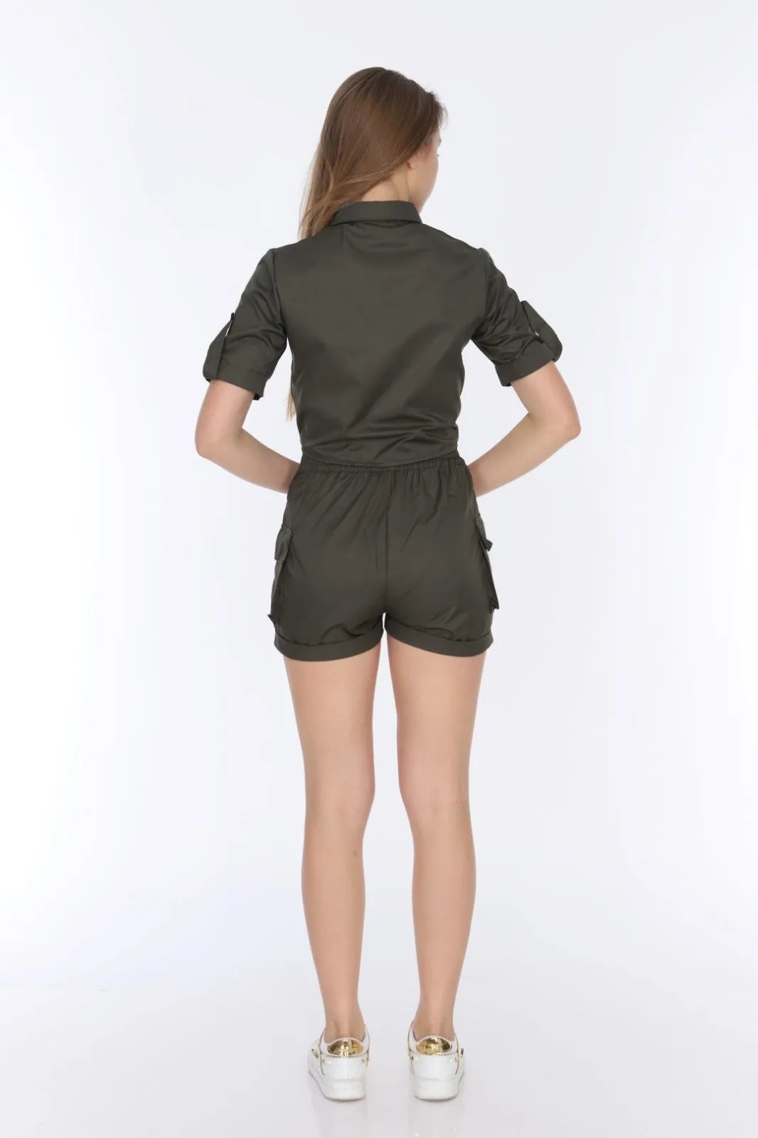 Khaki Matching Set Short Sleeve Tie Up Crop Top with Combat Shorts