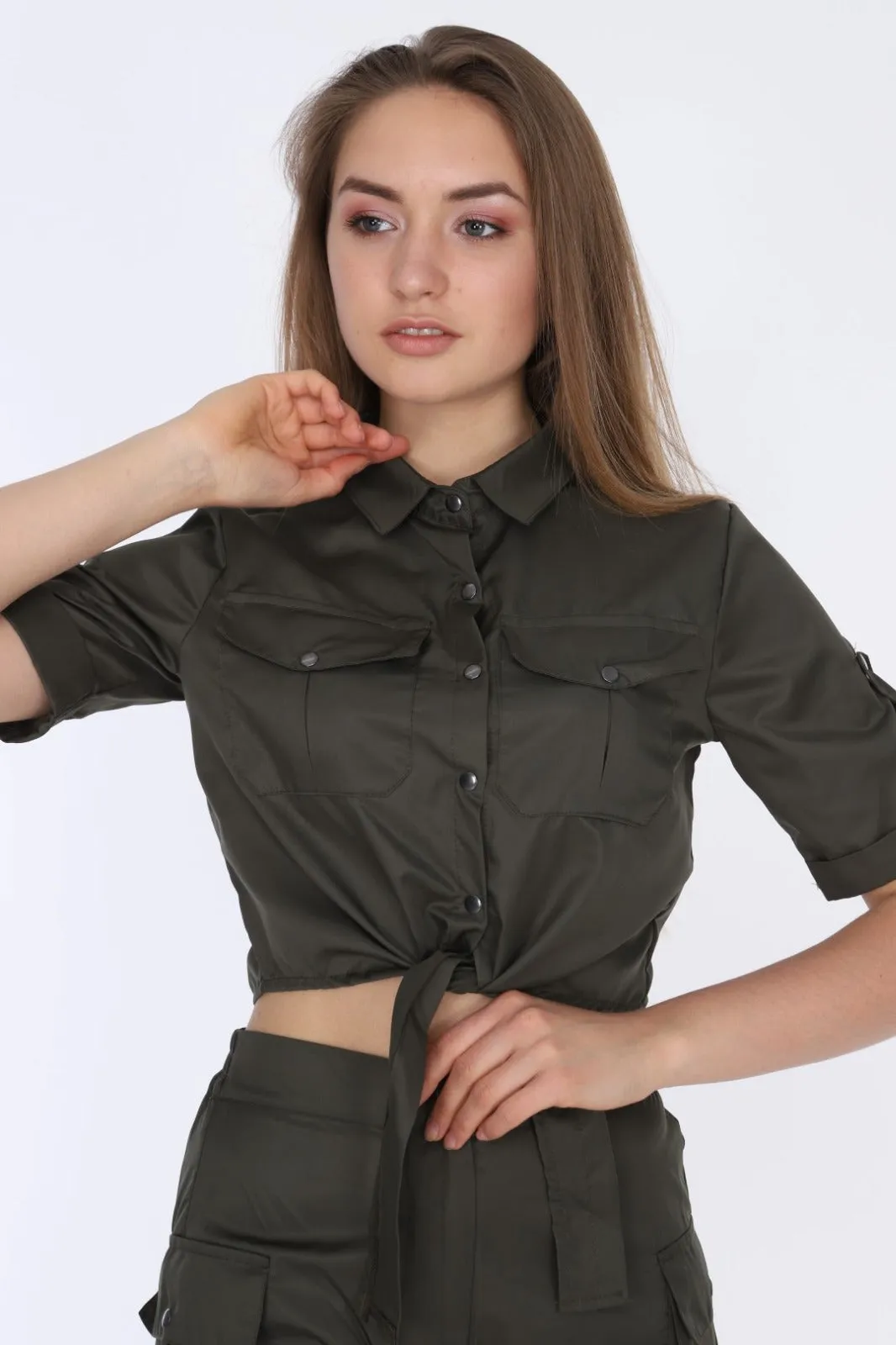 Khaki Matching Set Short Sleeve Tie Up Crop Top with Combat Shorts