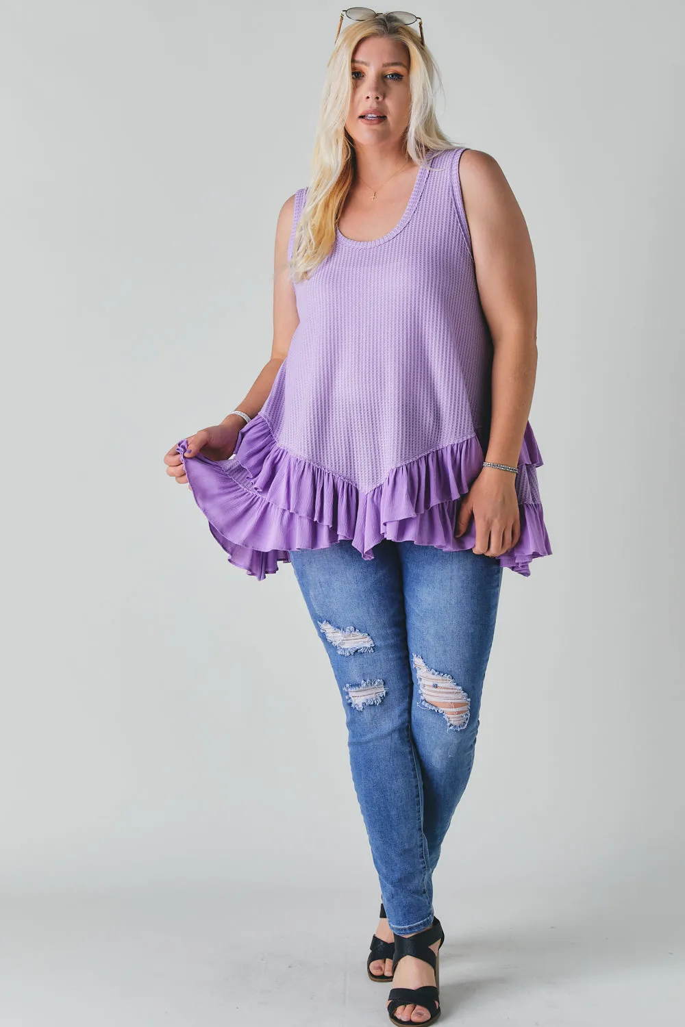Plus Scoope Neck Sleeveless Ruffle Tunic (Plus Size)