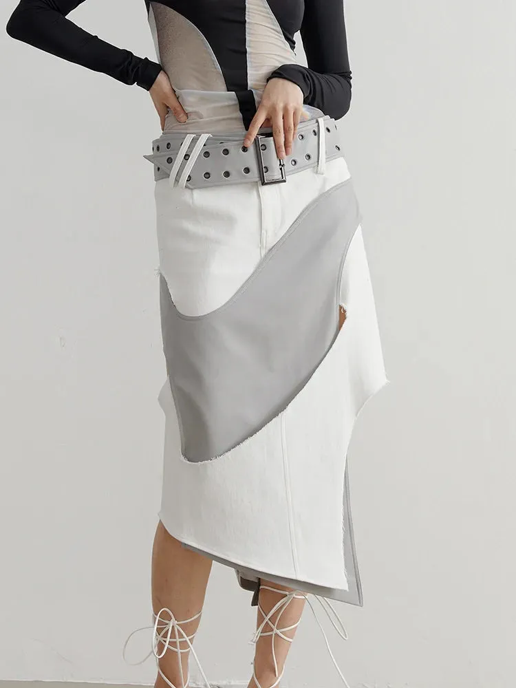 Spliced Belt Skirts For Women High Waist Hit Color Irregular Hem Loose Skirt Female Fashion Clothing Summer