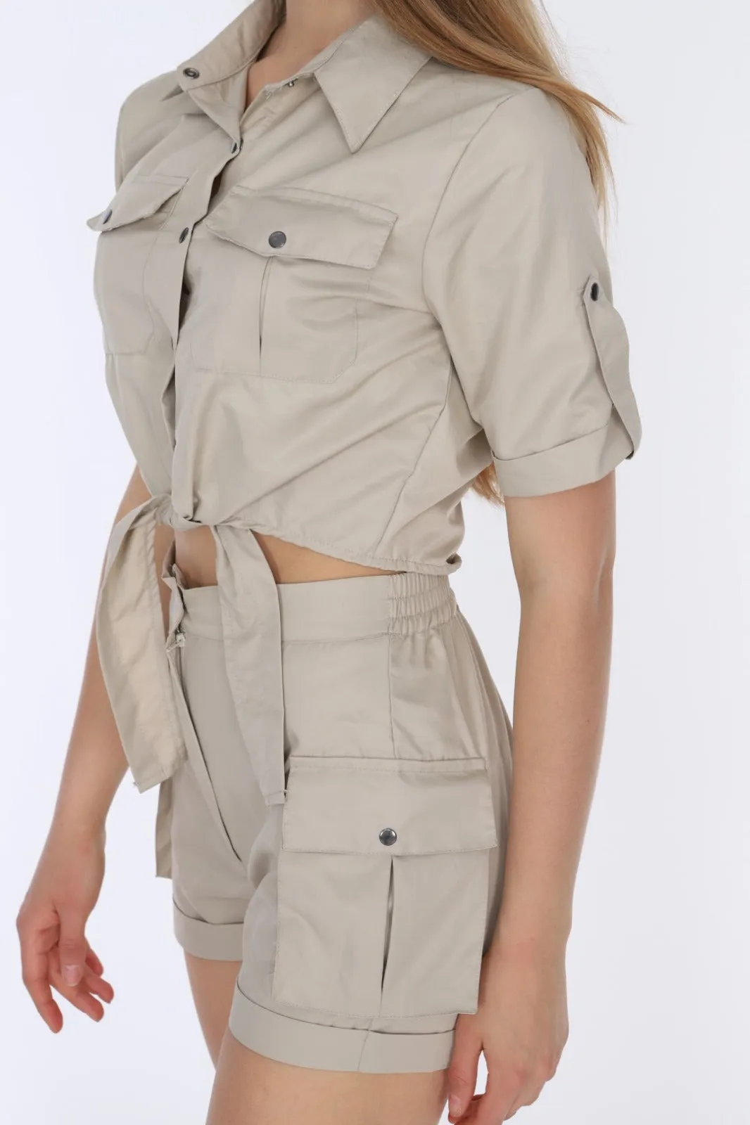 Stone Matching Set Short Sleeve Tie Up Crop Top with Combat Shorts