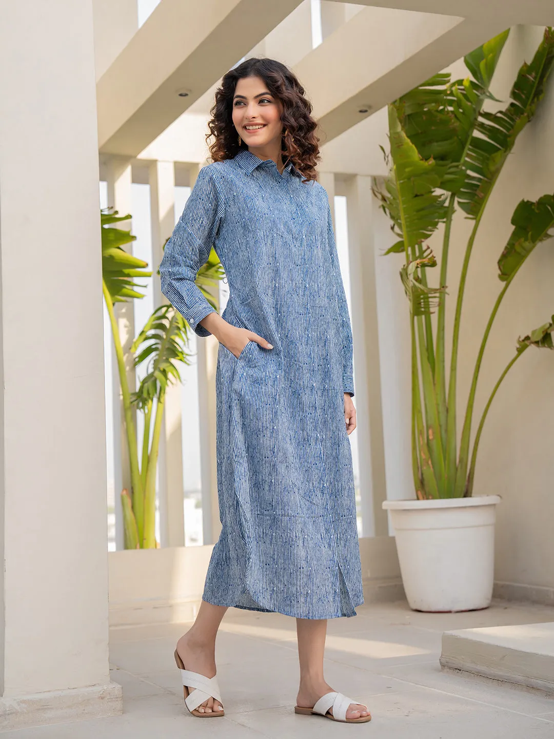 Strap Collar Indigo Blue Tunic Dress