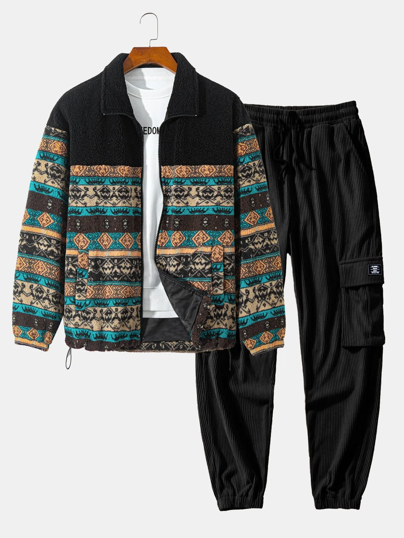 Teddy Fleece Ethnic Print Coat & Drawstring Corduroy Cargo Jogger Pants