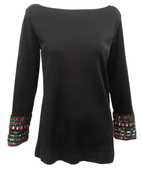 YSL Saint Laurent Rive Gauche 80s Black Tunic with Red & Green Faux Gems